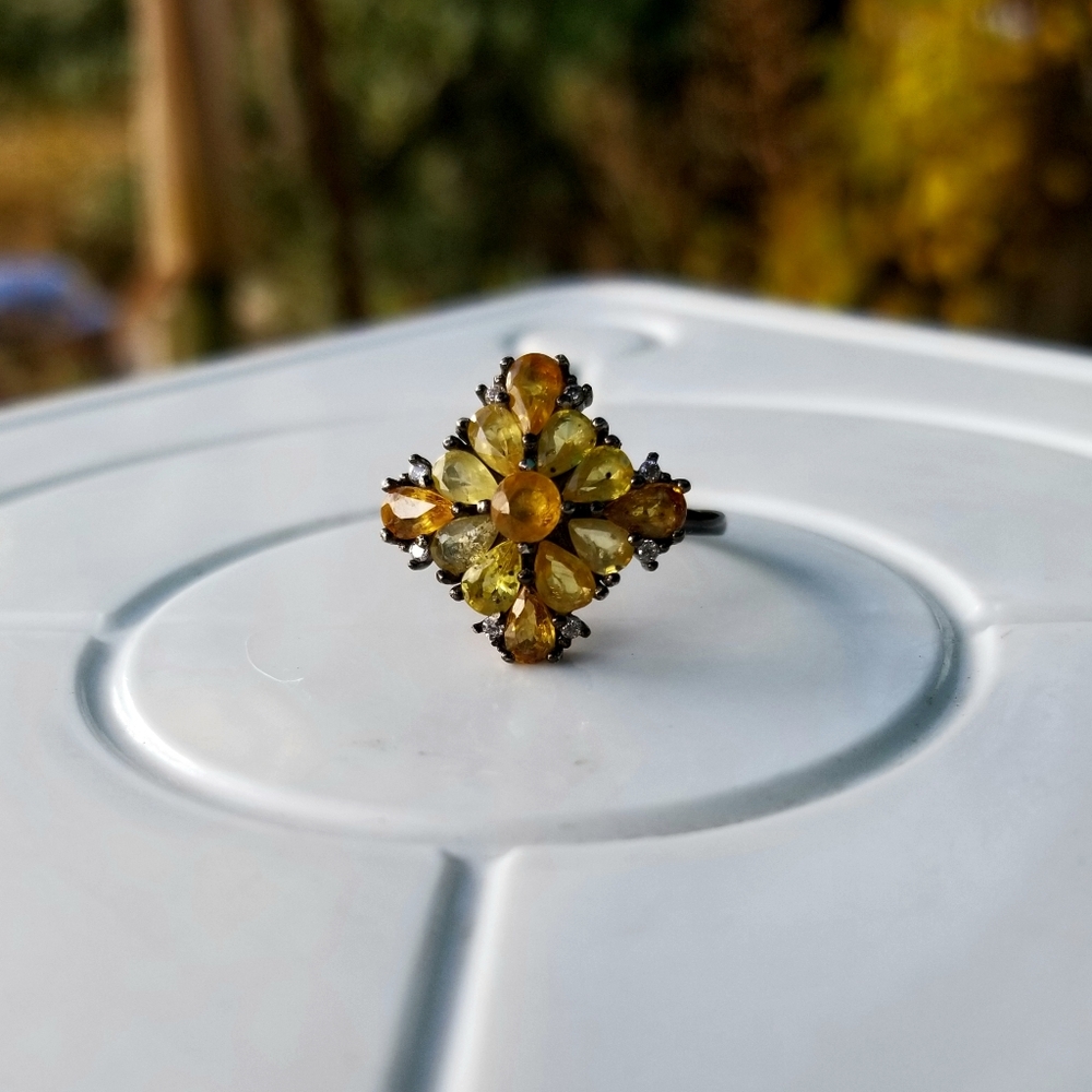 Vintage oxidized sterling silver with yellow and orange sapphires ring